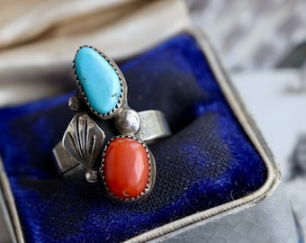 Vintage Navajo Turquoise + Coral Ring Native American Sterling Silver double stone turquoise and red coral feather Ring southwestern Sz 5.25