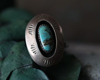Vintage Navajo Turquoise Hand Stamped Puffy Shadowbox Ring Native American Turquoise Shadowbox Southwestern Sterling Ring 5.75