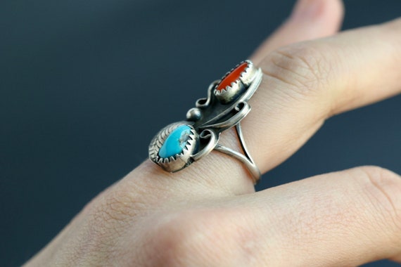 Vintage Navajo Turquoise + Coral Ring Native Amer… - image 9