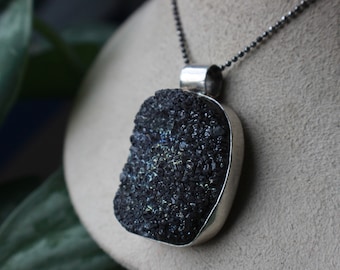 Vintage Bohemian Black Druzy Quartz Sterling Silver Druzy Rough Gemstone Pendant on 16” Sterling Chain Necklace