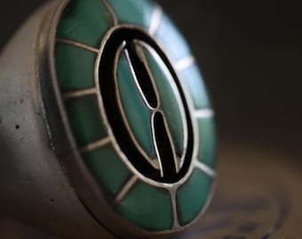 Vintage Zuni EQ Ellen Quam Quandelacy turquoise channel inlay ring sz 10 old pawn heavy sterling silver artisan statement unisex ring