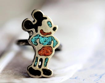 Rare zunitoons vintage Mickey Mouse inlay ring  Native American turquoise and coral inlay Disney Mickey Mouse navajo ring old pawn ring sz 7
