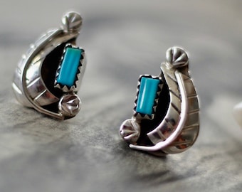 Vintage Zuni Sterling Silver Hand Carved Turquoise Feather Post Earrings