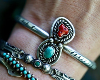 Vintage Navajo turquoise coral cuff antique turquoise Coral bracelet sterling silver double stone feather Southwestern appliqué cuff bracele
