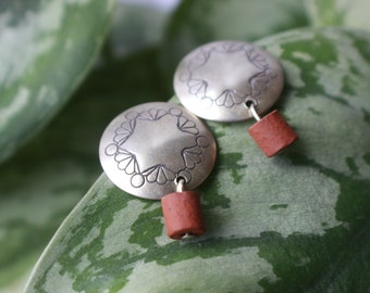 Vintage Large Navajo Hand Stamped Star  Concho Earrings Sterling Silver Native American Pottery Bead Concho Southwestern Dangle Earrings