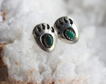 Vintage Navajo Green Malachite Native American Sterling Silver Snake eye Bear paw Shadowbox Southwestern post Earrings