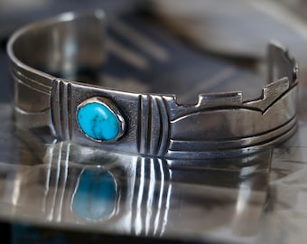 Vintage Navajo Turquoise Cuff | Sterling Silver Bracelet | Heavy Southwest Jewelry | Native American Handmade | Unisex Boho Western Style