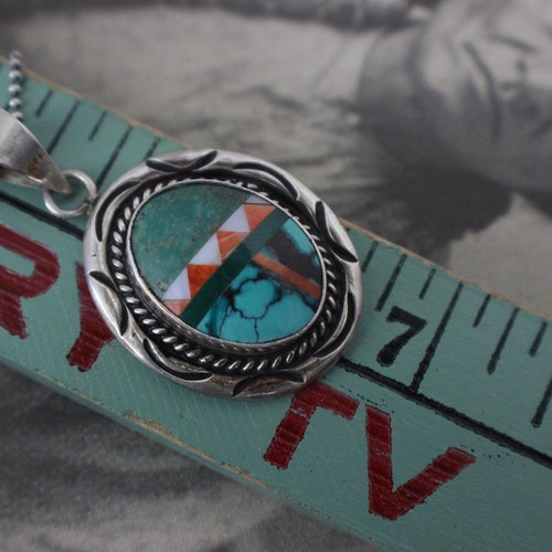 Vintage multicolor Zuni Mosaic Multi Stone Rug Pattern Inlay Pendant Native American Southwestern Pendant Sterling shops Silver Necklace