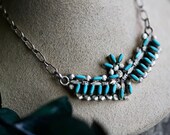 Old Pawn Zuni Needlepoint Turquoise Bib Necklace Native American Zuni Sterling Silver Turquoise Petit Point Paperclip chain Necklace