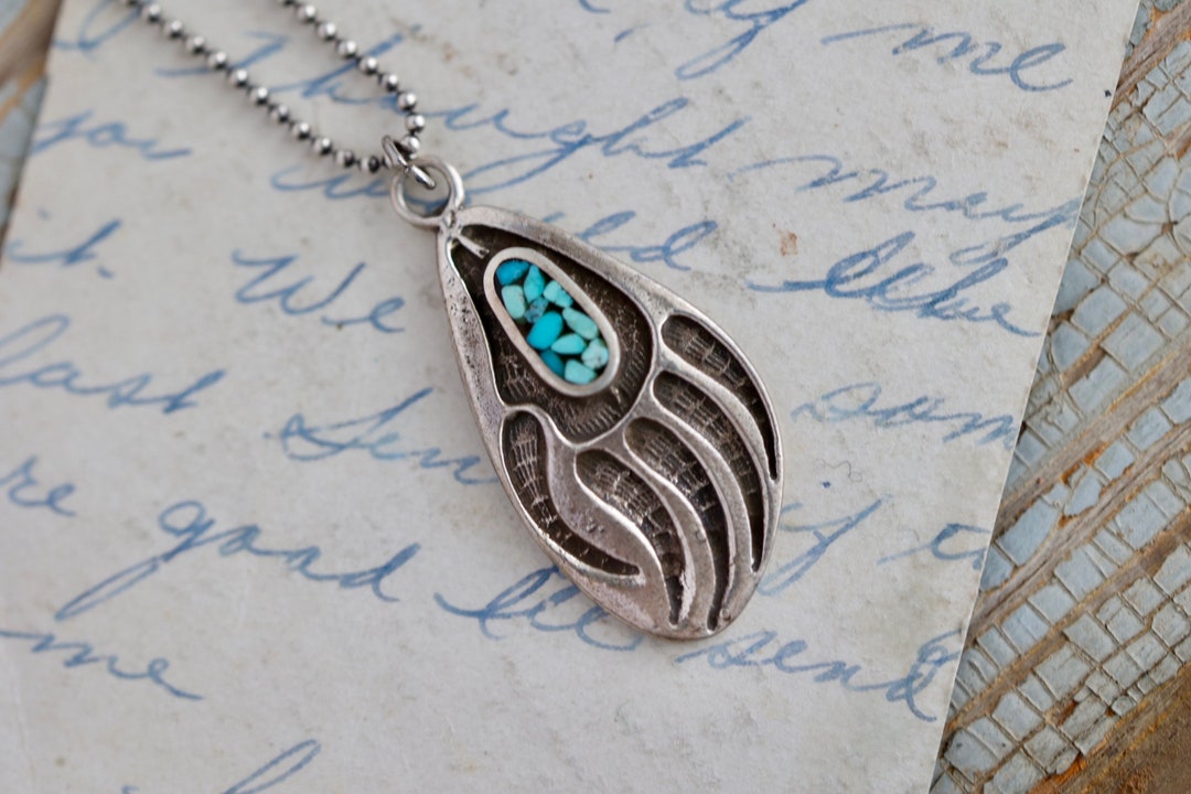 Vintage Navajo Bear Paw Sterling Silver Turquoise Chip Inlay Overlay ...