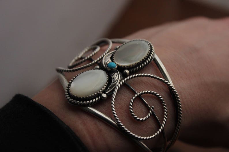 Rad Old Pawn Navajo Twisted Rope Double Stone Mother of Pearl and Turquoise Feather Blossom Scroll Cuff Bracelet By Gerald Mitchell