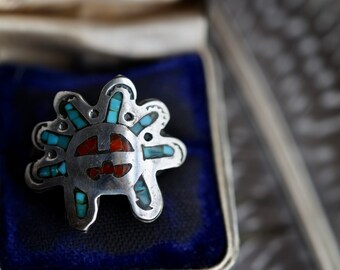 Vintage Zuni Turquoise Coral inlay Sunface God Ring Native American turquoise and coral chip inlay Kachina Sunface ring sterling silver ring