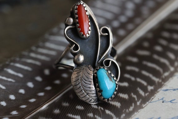 Vintage Navajo Turquoise + Coral Ring Native Amer… - image 1