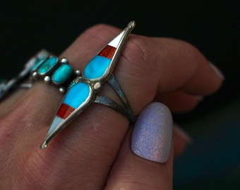 Beautiful multicolor Old Pawn Vintage Zuni Elongated Multi Stone Mosaic Flush inlay Double Teardrop ring sz 8.25