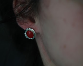 Vintage Navajo Red Coral Sterling Silver Stud Earrings • Boho Minimalist Southwest Jewelry • Twisted Rope Appliqué • Marked Sterling
