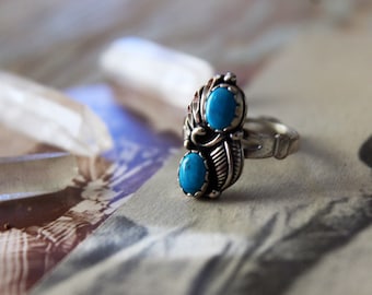Beautiful Vintage Navajo Sterling Silver Split Shank Double Stone Sleeping Beauty Turquoise Feather Blossom Ring