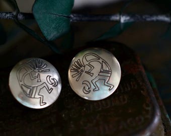 Vintage Navajo Kokopelli Earrings | Sterling Silver Southwest Studs | Hand Stamped Concho Jewelry | Native American Silver Earrings Conchos