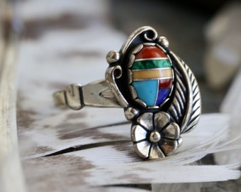 Vintage squash blossom Sterling Silver Multi stone Inlay peyote blossom flower Ring feather appliqué ring