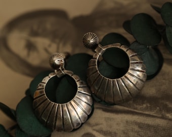 Vintage Navajo Sterling Silver Concho Hoop Earrings • Hand Stamped Radial Repoussé Fan Design • Screw Back 1940s Old Pawn Southwest
