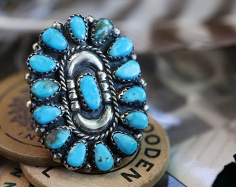 Vintage Navajo Turquoise Cluster Ring Huge Turquoise Petit point Turquoise Ring Southwestern Sterling Silver Native American Cluster ring