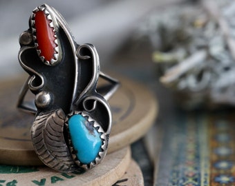 Vintage Navajo Turquoise + Coral Ring Native American Sterling Silver double stone turquoise red coral feather southwestern ring Sz 6.75