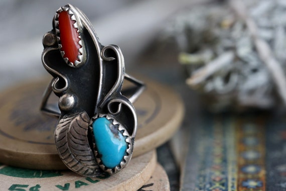 Vintage Navajo Turquoise + Coral Ring Native Amer… - image 2