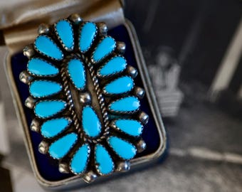 Huge Vintage Navajo Turquoise Cluster Ring | Sterling Silver Petit Point Statement | Old Pawn Southwest Jewelry Size 10 | Sleeping Beauty
