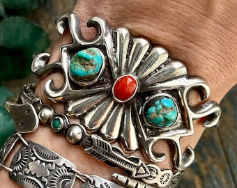 Vintage Navajo turquoise and Coral Sandcast Cuff Native American Super HEAVY Old Pawn Vintage Navajo Sand cast Sterling Silver Cuff Bracelet