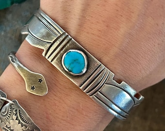 Vintage Navajo Turquoise Cuff | Sterling Silver Bracelet | Heavy Southwest Jewelry | Native American Handmade | Unisex Boho Western Style
