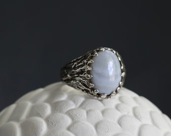 Vintage Sterling Blue Lace Agate Ring Brutalist cast ring mens ring heavy sterling silver signet mid century modern blue lace agate ring