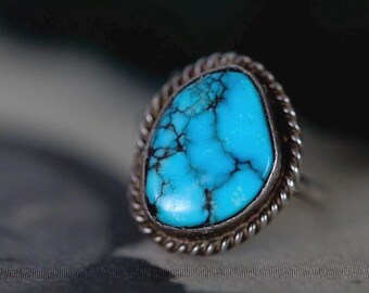 Vintage Navajo Spiderweb Turquoise Ring | High Grade Natural Stone | Sterling Silver | Size 3.75 | Native American Heirloom Jewelry | Boho