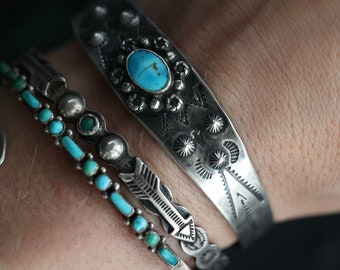 Vintage Old Pawn Fred Harvey Era Turquoise Stamped Repousse cuff early Navajo Cerillos turquoise Native American 1930s silver Turquoise Cuff