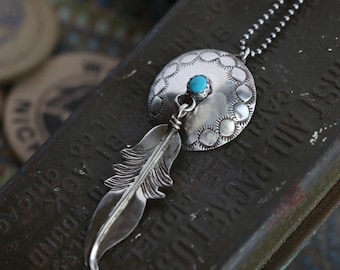 Vintage Navajo Sterling Silver Concho Feather Necklace Southwestern Silver Concho Dream Catcher Turquoise Native American pendant Necklace