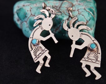 Vintage Native American Sterling Silver Hand Stamped Navajo Turquoise Kokopelli Dangle Earrings Acoma