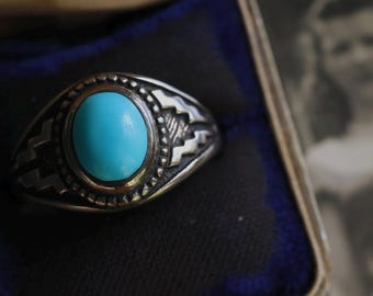 Vtg Old Pawn Turquoise Ring Vintage Southwestern Cast southwestern Turquoise Ring Sterling Silver  Turquoise unisex Cigar Band Ring Sz 10.75