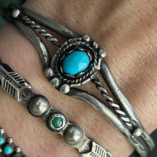 Vintage Navajo Turquoise Cuff Bracelet Twisted Rope Southwestern Native American Sterling Silver Sleeping Beauty Turquoise Cuff Bracelet
