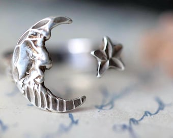 Vintage Sterling Silver Crescent Moon Star Bypass Ring Mid Century celestial ring cosmic adjustable ring vintage moon and star ring