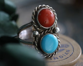 Old Pawn Navajo Turquoise Coral ring Double stone Twisted rope ring Vintage Native American unisex Sterling Silver coral turquoise Ring 8.75