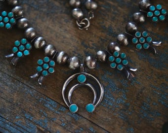 Vintage Turquoise Squash Blossom Necklace | Zuni Sterling Silver Statement | Fred Harvey Era Boho Southwest Jewelry | Snake Eye Cluster