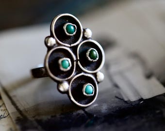 Zuni Shadowbox Turquoise Ring | Early Fred Harvey Era Old Pawn Silver | Snake Eye Statement | Vintage Southwest Collector Jewelry