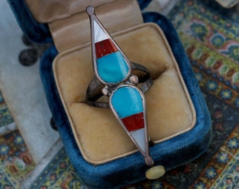 Beautiful multicolor Old Pawn Vintage Zuni Elongated Multi Stone Mosaic Flush inlay Double Teardrop ring sz 8.25