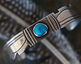 Vintage Navajo Turquoise Cuff | Sterling Silver Bracelet | Heavy Southwest Jewelry | Native American Handmade | Unisex Boho Western Style