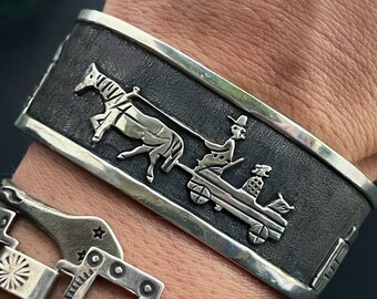 Vintage Storyteller Native American Overlay Navajo Sterling Silver Wide Southwestern Mens Heavy Cuff Unisex Bracelet