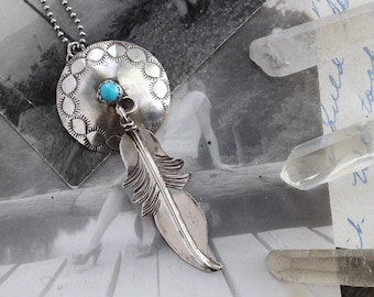 Vintage Navajo Sterling Silver Concho Feather Necklace Southwestern Silver Concho Dream Catcher Turquoise Native American pendant Necklace