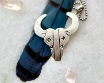 Vintage cow skull  Bull Native American Navajo Hand Stamped Southwestern Longhorn Buffalo head pendant on 16” Sterling Necklace
