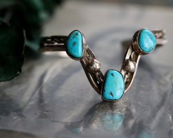 Vintage Navajo Turquoise Cuff | Old Pawn Sterling Silver 3 Stone Cluster Bracelet | Cascading Southwest Native American Jewelry | Collectors
