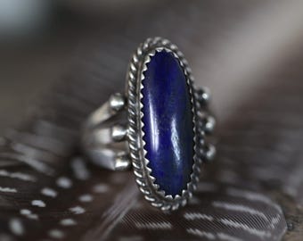 Vintage Navajo Lapis Statement Ring | Sterling Silver Triple Split Shank Sawtooth Bezel Raindrop Beads Signed M Sz 7 Southwest Jewelry