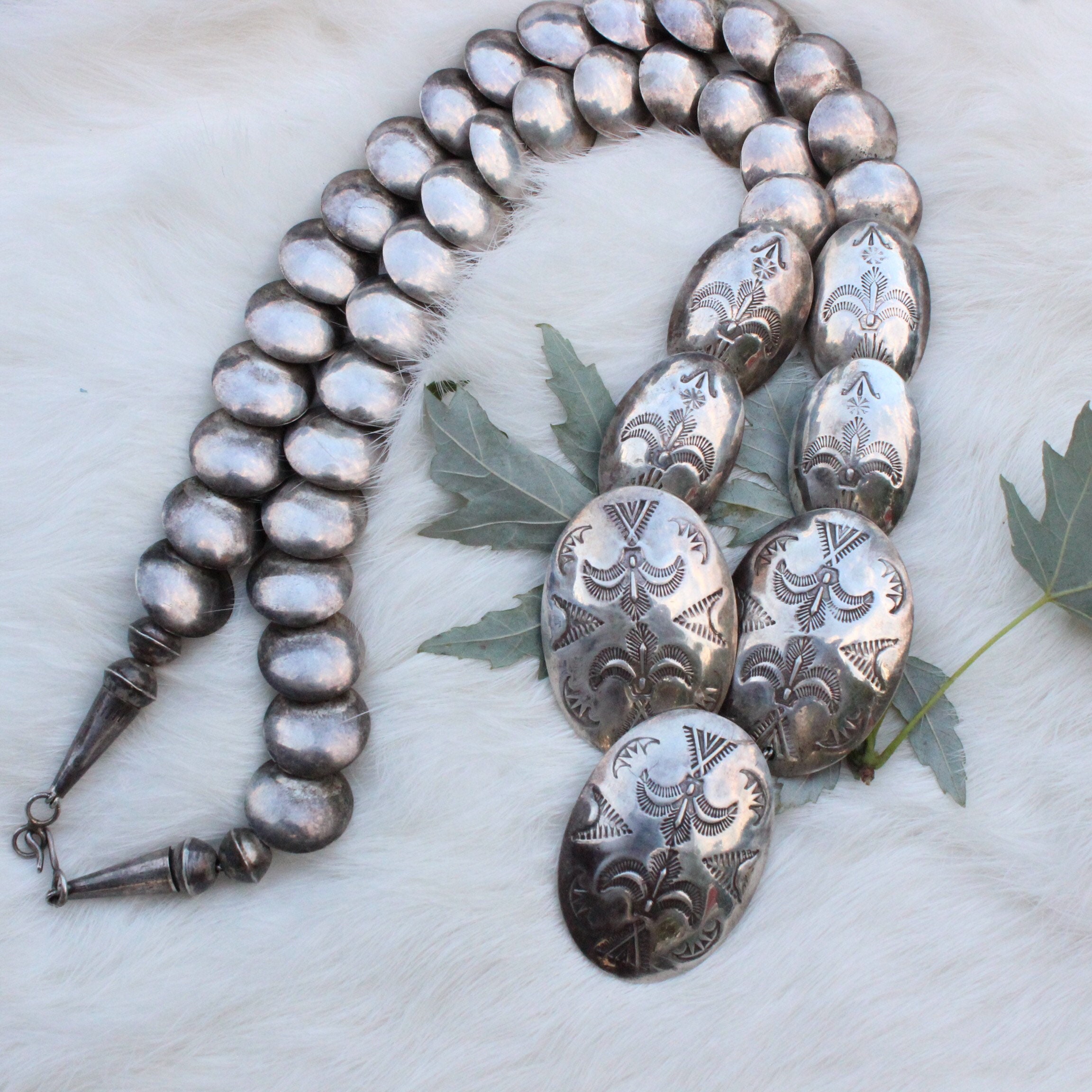 Aged Over Time Vintage Native American Navajo Sterling Silver Huge Pillow Bead Necklace Aged Over Time Vintage Native American Navajo Sterling Silver Huge Pillow Bead Necklace