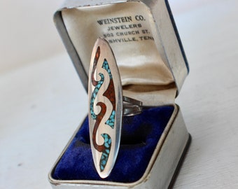 Beautiful Huge Old Pawn Vintage Navajo Elongated Turquoise and Coral Chip Flush inlay ring sz 6
