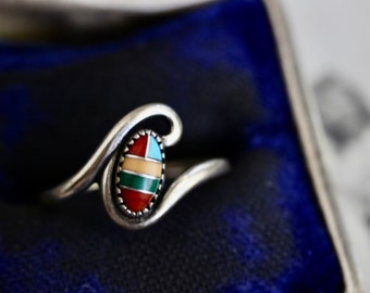 Vintage Multicolor ring Sterling Silver multi stone inlay ring Southwestern multi color multi stone inlay Swirl Ring